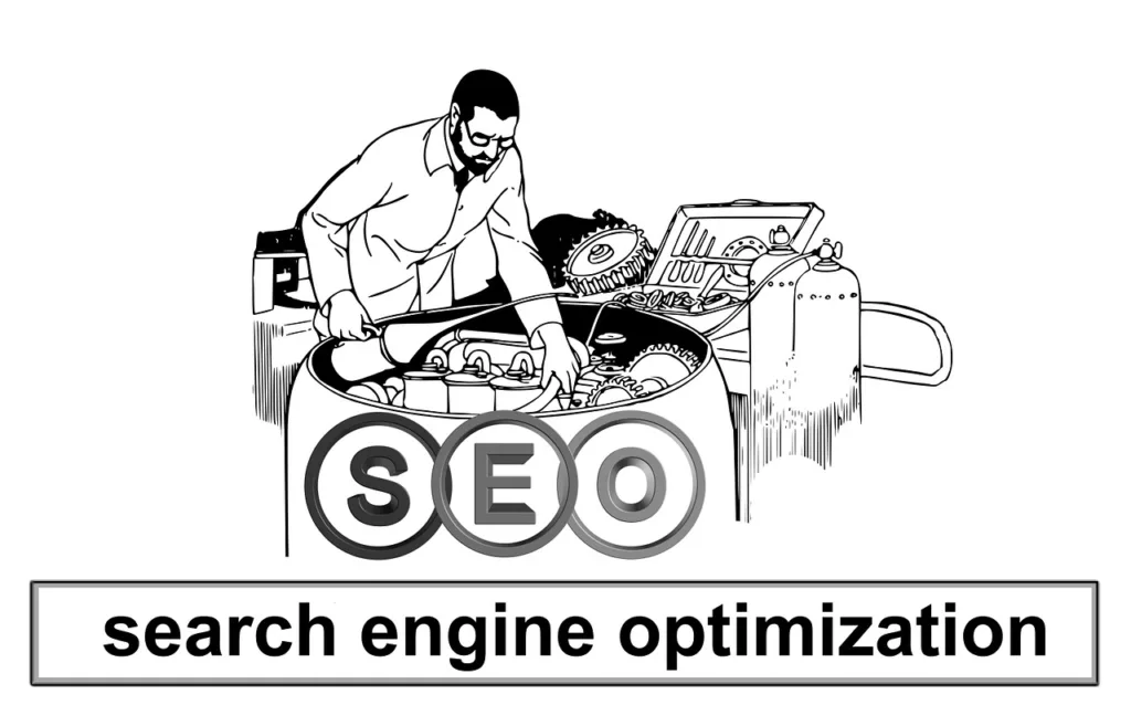 What is the meaning of Search Engine Optimization? This is a cartoon image of a guy working on an engine.