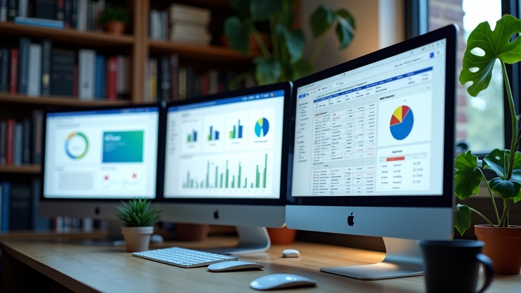 A computer desk with multiple screens displaying analytics, website builders, and resource dashboards. In the background, there's a bookshelf with business books and green plants. Soft lighting gives the workspace a productive feel.